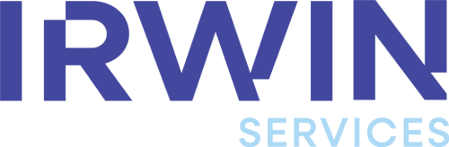 Logo with large, bold blue letters spelling IRWIN and smaller, light blue letters below spelling SERVICES on a light background.
